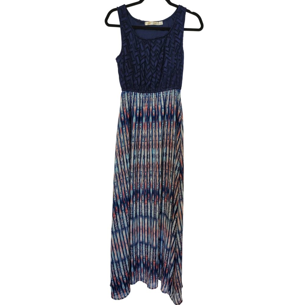 Liberty Love Blue Chevron Print Maxi Dress - Size M - Sleeveless Boho Gown
